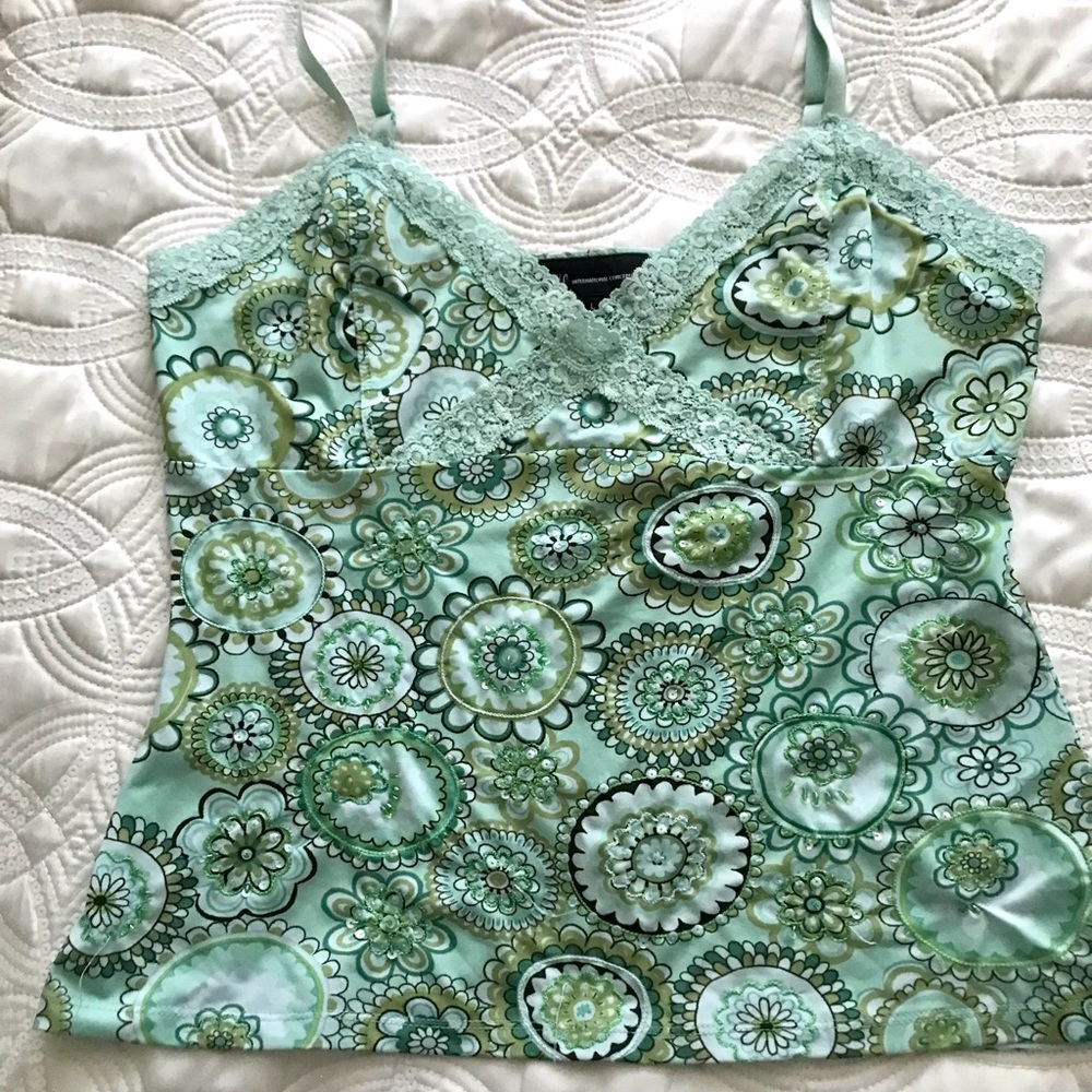 INC International Mint Green Printed Camisole  Beading and Sequins on Front only